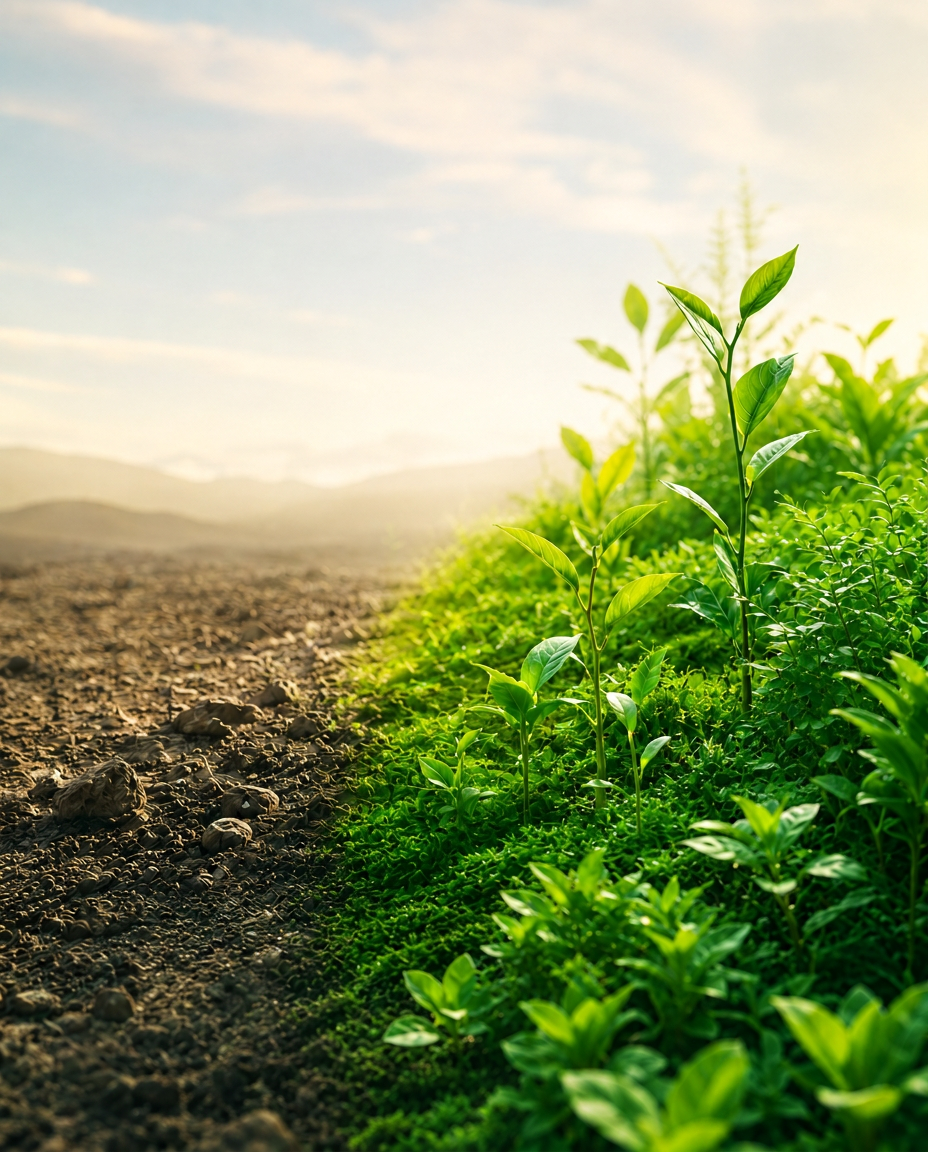 New green growth emerging from barren soil — the green-up phenomenon