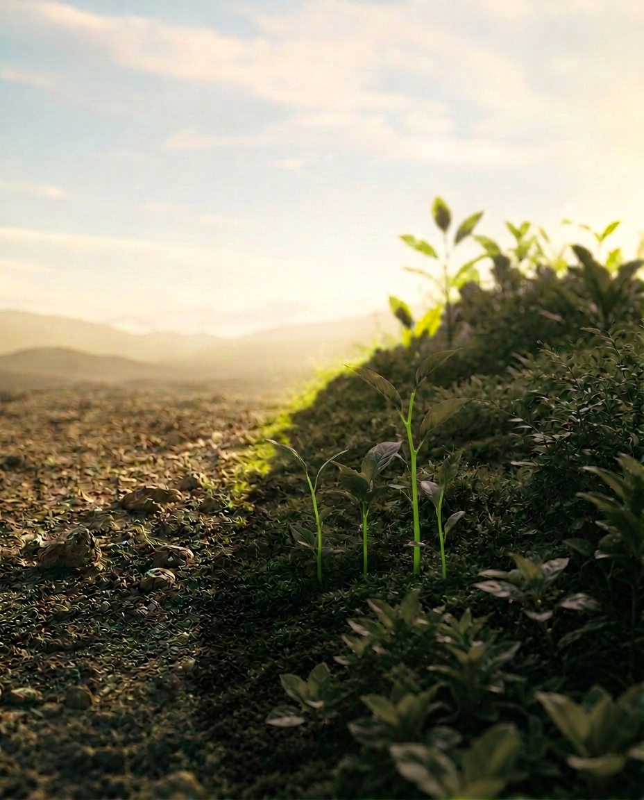 New green growth emerging from barren soil — the green-up phenomenon